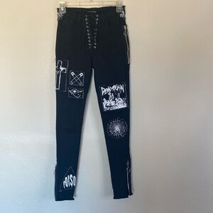 Current Mood stitch b*tch lace up patch jeans women’s XS extra small black punk